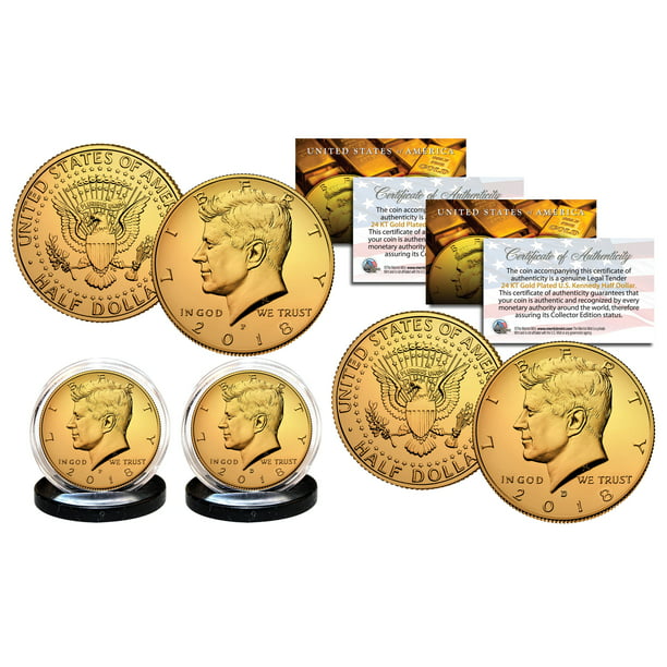 2018 24K GOLD Clad JFK Kennedy Half Dollars 2-Coin Set P&D MINT w/COA & HOLDERS